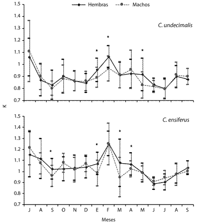 Condition Factor for females and males of C. undecimalis y C. ensiferus of July 2009 to September 2010 in the Laguna de Tacarigua, Venezuela (mean and standard deviation). *Significant differences between sexes.