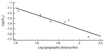 Correlation between difference FST and geographic distance between species of the Ceratozamia norstogii complex (Y = - 0.143077 - 0.68087 * X; F =19.97; df = 5; p = 0.01; R = -0.91; R2 = 0.83).