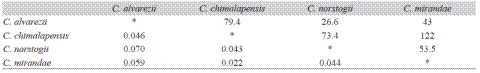 Geographic distance (Km) (above the asterisks) and FST (below the asterisks) between species of the Ceratozamia norstogii complex