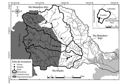 Localización regional de la cuenca del Río Tomebamba, Provincia del Azuay, Ecuador. La ubicación de los sitios de muestreo se presenta dentro de las microcuencas de los ríos Mazán, Llaviuco y Matadero.
