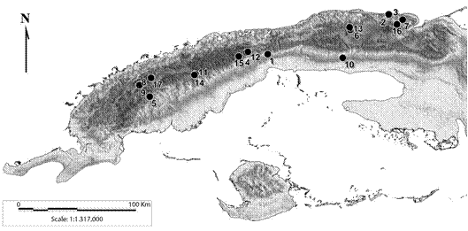 Ubicaci&oacute;n geogr&aacute;fica de 17 localidades muestreadas con trampas de luz (250W) en el occidente de Cuba en las que se registraron m&aacute;s de 10 individuos de Phyllophaga. 1: Artemisa, 2: Canas&iacute;, bosque, 3: Canas&iacute;, uveral , 4: El Sal&oacute;n, 5: La Guabina, 6: La Jaula, 7: Lomas de Galindo, 8: Maravillas de Vi&ntilde;ales, bosque, 9: Maravillas de Vi&ntilde;ales, pastizal, 10: Melena del Sur, 11: Mil Cumbres, 12: R&iacute;o San Juan, 13: Reparto Siboney, HAB, 14: Sierra la G&uuml;ira, 15: Soroa, 16: Tres Ceibas de Clavellinas, 17: Dos Hermanas Vi&ntilde;ales