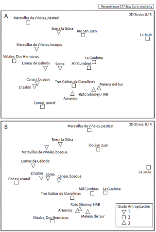 Escalado Multidimensional no M&eacute;trico (MDS no m&eacute;trico) entre muestras de las diferentes localidades agrupadas por el grado de alteraci&oacute;n de cada una 1: bajo, 2: medio, 3: alto. A. MDS no m&eacute;trico con los datos de abundancia absoluta para cada una de las especies. B. MDS no m&eacute;trico con la abundancia proporcional de cada una de las especies por localidad. 
