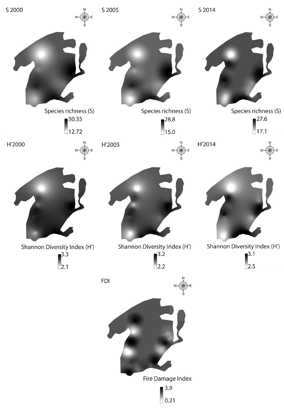 Kriging maps for the species richness (S), Shannon diversity index (H&rsquo;), and Fire Damage Index (FDI) variables in a semideciduous seasonal forest fragment in Ibituruna, MG, Brazil, in three floristic surveys undertaken in 2000, 2005 and 2014.