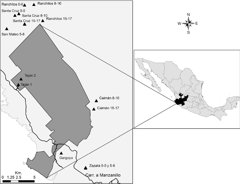 Location of the 15 sampling sites in the Biosphere Reserve Chamela-Cuixmala and adjacents areas, Jalisco, Mexico.