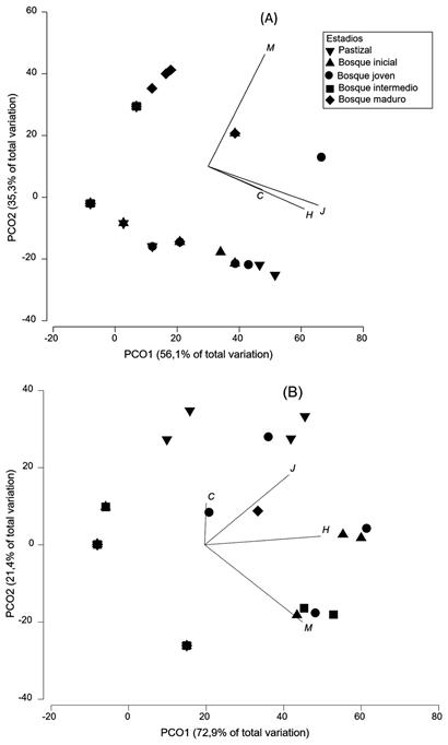 PCoA showing distibution of the different developmental stages of (a) Agalychnis dancicolor and (b) Smilisca fodiens in relation to vegetation succesional stages. M = males, H = females, J = juveniles and C = hatchlings.