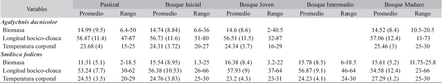 Promedio (desviaci&oacute;n ent&aacute;ndar) y rango de la biomasa (g), longitude hoico-cloaca (LHC mm) y temperatura corporal (&deg;C) de Agalychnis dacnicolor y Sm&iacute;lisca fodiens en los diferentes estadios sucesionales del bosque tropical seco de la regi&oacute;n de Chamela, Jalisco M&eacute;xico.