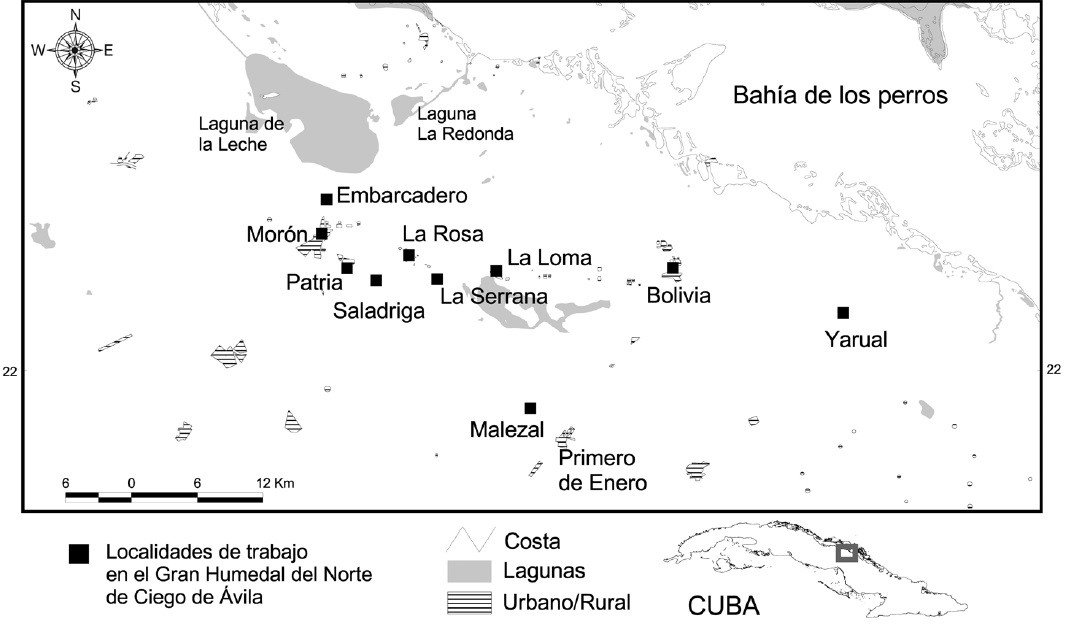 Sampling sites for the use of wild birds as pets in the central region of Cuba.