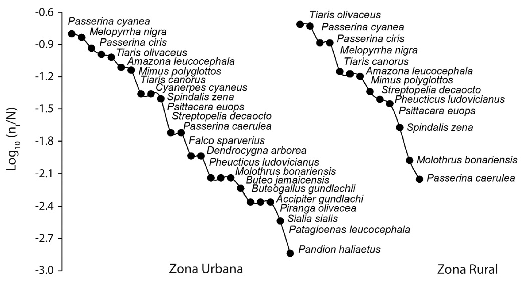 Rank-abundance curves of the 24 species of birds recorded in captivity in urban and rural sites of the central region of Cuba during 2014 and 2015.