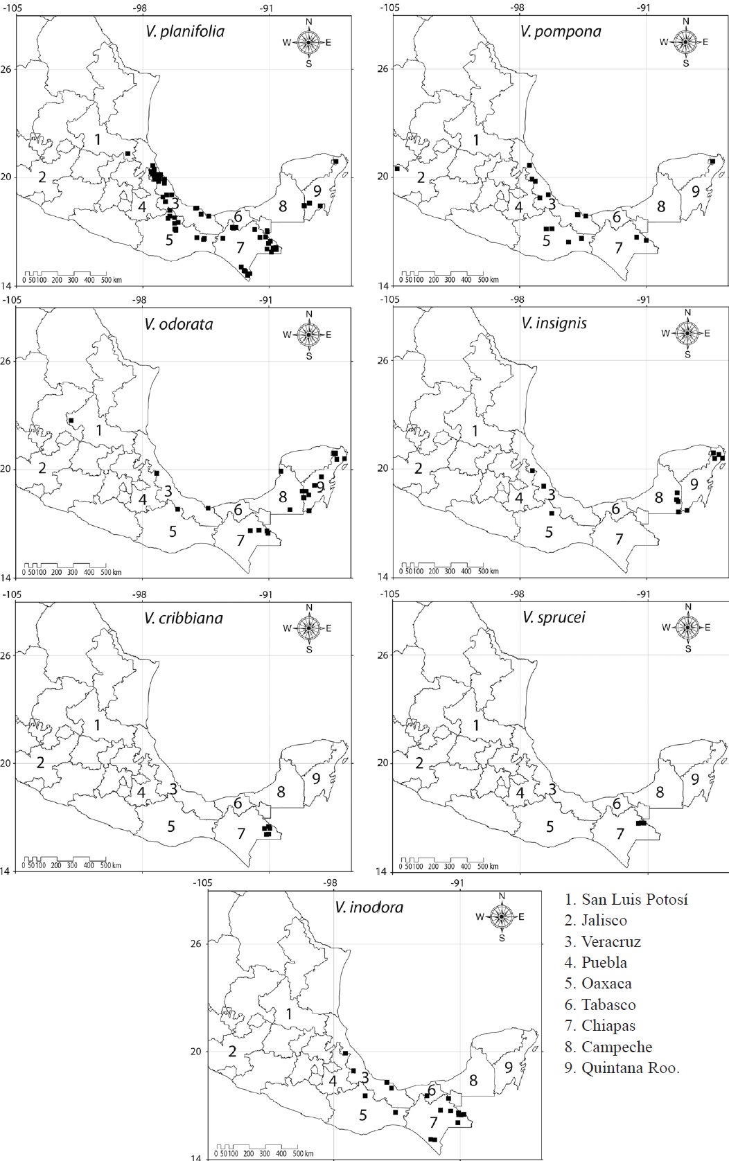Distribution of diversity of species from the genus Vanilla in México.