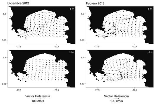 Surface circulation to 1 and 10 m deep in Bah&iacute;a Cupica during December 2012 and February 2013.