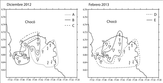 Spatial location in Bah&iacute;a Cupica of the copepods groups defined by SIMPROF analysis (P < 0.01), during December 2012 and February 2013, the letters represent each group for each studied period.