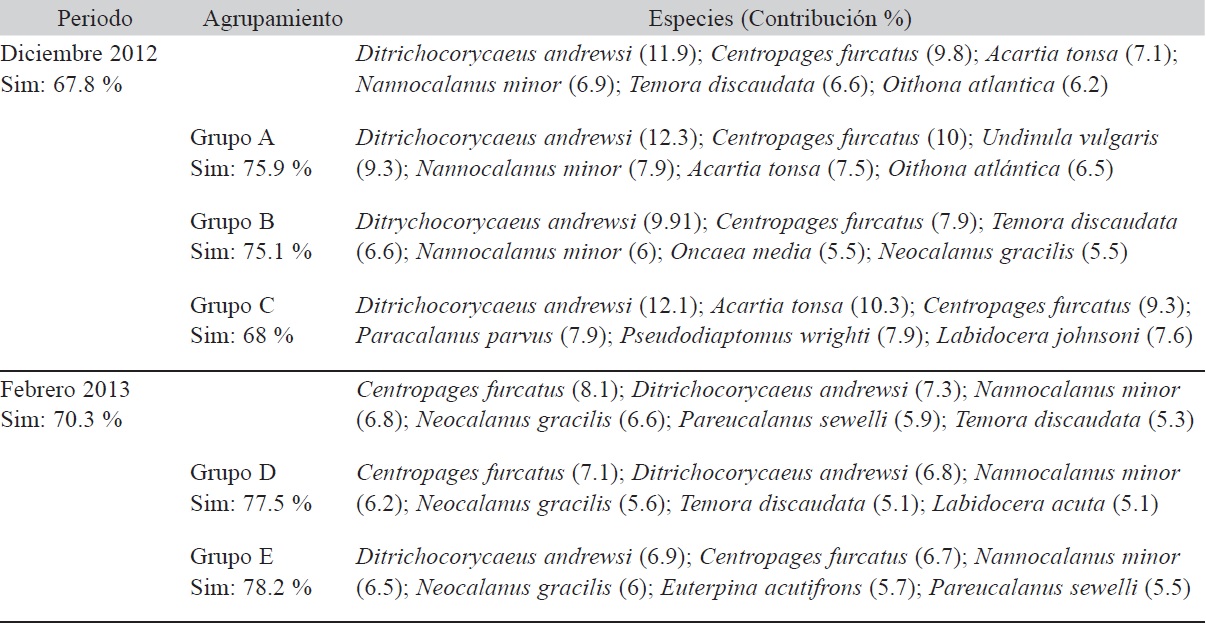 An&aacute;lisis SIMPER (90 %), se indican las especies de cop&eacute;podos que contribuyeron a la similitud dentro de los grupos durante diciembre 2012 y febrero 2013