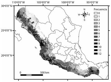 The monthly potential distributions sum of Amazona finschi. The grayscale illustrates the sum of the predictions of the monthly models, which indicate the coincidence of the optimal environmental conditions for the presence of the species throughout the annual cycle, being 0 absence and 1-12 presence during the year. The points indicate the localities of occurrence of the species.