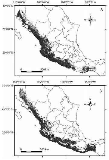 Potential geographical distribution of A. finschi for the dry or reproductive season (A) and for the rainy season or non-breeding season (B).