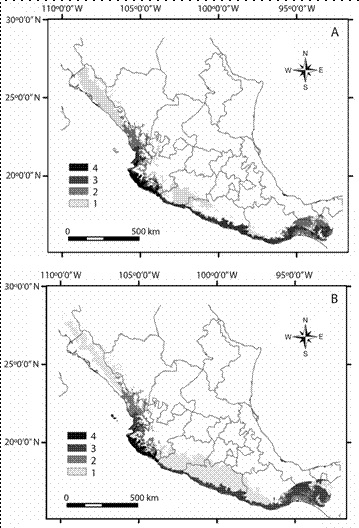 Geographical overlap between the potential distribution of A. finschi and the presence of trees that works as food (A) and trees that works for nesting (B). The grayscale corresponds to the coincidence in the distribution of richness.