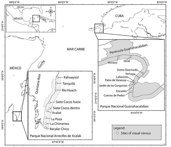 Sitios de muestreo en el Parque Nacional Guanahacabibes (Cuba) y Parque Nacional Arrecifes Xcalak (México).
