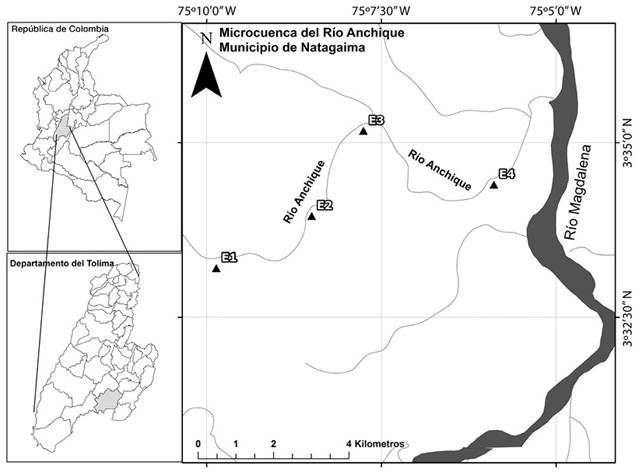 Estaciones de muestreo en la microcuenca del r&iacute;o Anchique, Tolima, Colombia. 