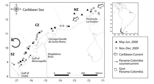 Location of the stations in Colombian Caribbean during two seasons. Sectors used in this study: NZ: Northeastern Zone; CZ: Central Zone; SZ: Southwestern Zone.