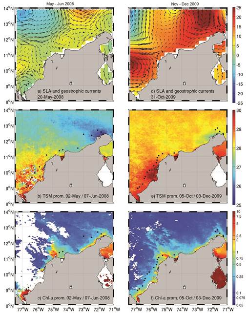 Environmental conditions during the transitional (May-June 2008) (A,C,E) and rainy seasons (Nov-Dec 2009) (B,D,F). A-B. Sea Level Anomaly (cm) and Geostrophic current; C-D. Mean Sea Surface Temperature °C; E-F. Mean Chla (mg.m-3).