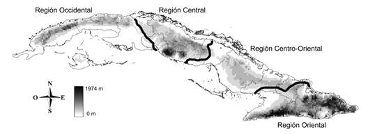 Unidades espaciales (las cuatro principales regiones biogeogr&aacute;ficas y las cuadr&iacute;culas de 2.5 min) usadas para la evaluaci&oacute;n de las vulnerabilidad de las especies de Dytiscidae. La escala de grises en las cuadr&iacute;culas de 2.5 min representa el gradiente altitudinal. 