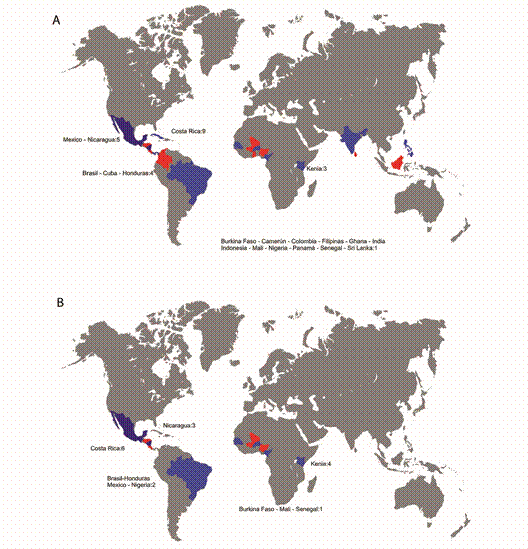 Countries with publications on (A) uses that local Settlers give to live fences and (B) positive or negative perceptions about live fences in tropical rural landscapes.