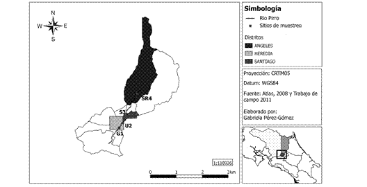 Ubicación de los sitios de estudio: Guayabal (G1), Universidad Nacional (U2), Santiago (S3) y San Rafael (SR4) del río Pirro, Heredia, Costa Rica.