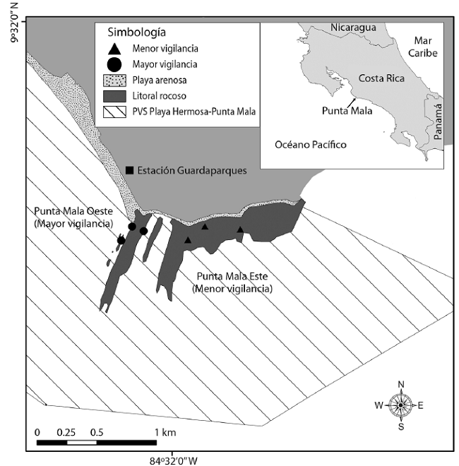 Zonas de monitoreo en la costa rocosa según nivel de protección del Refugio Nacional de Vida Silvestre Playa Hermosa-Punta Mala, Pacífico de Costa Rica (2015). 