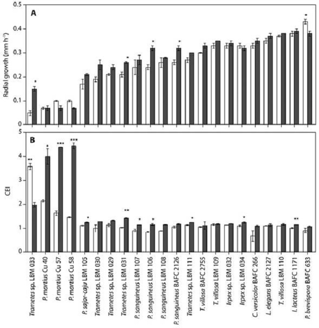 a. Radial growth of the colony under selective conditions in test plate. Clear (), and filled (■) bars represent culture medium containing CMC and CC, respectively. Asterisks (*) denote significant differences (P < 0.05, Tukey Test) in the growth extension of a given isolate on both types of substrates used. Data are mean &plusmn; SD of duplicates. b. Cellulolytic Efficiency Index (CEI) of the isolates. Clear (), and filled (■) bars represent culture medium containing CMC and CC, respectively. Asterisks (*) denote significant differences (P <0.05, Tukey test) in the CEI of a certain isolate on the two types of substrates used. Data are mean &plusmn; SD of duplicates.