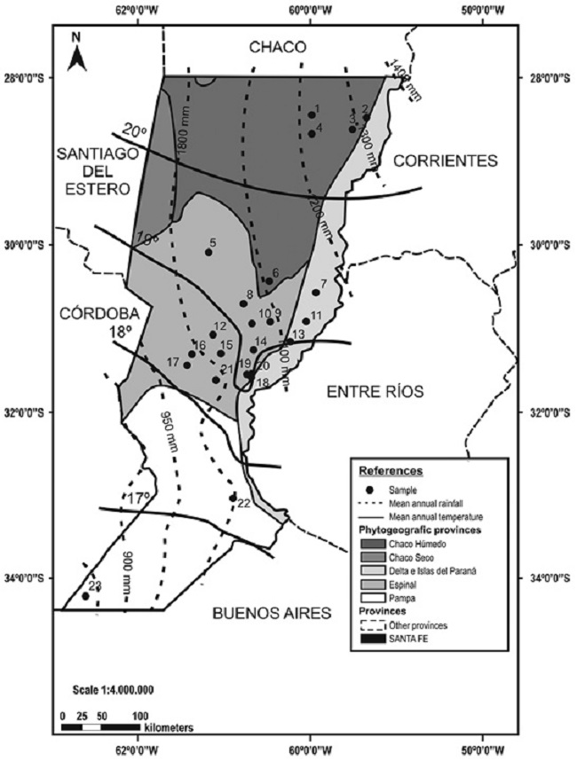 Sites sampled in Santa Fe during 2012-2015 (Modified from Arzamendia & Giraudo, 2004). References: 1= Los T&aacute;banos; 2 = Villa Ocampo; 3= El Sombrerito; 4= Tartagal; 5= La Cabral; 6= Colonia Silva;7= San Javier; 8= San Justo; 9= Nar&eacute;; 10= Videla; 11= Helvecia; 12= Sarmiento; 13= Cayast&aacute;; 14= Laguna Paiva; 15= Grutly; 16= Rafaela; 17= Susana; 18= Monte Vera; 19= Recreo; 20= &Aacute;ngel Gallardo; 21= San Jer&oacute;nimo del Sauce; 22= Zavalla; 23= Rufino.