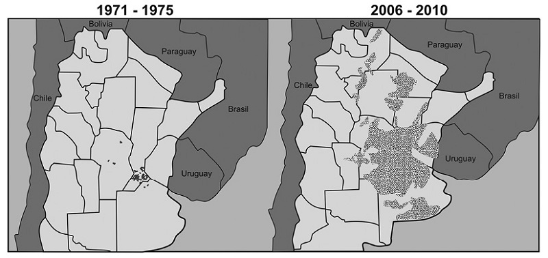 Advance of agricultural frontier, in particular of soybean crop in Argentina during the last four decades (Modified after CONICET 2012).