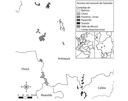 Distribuci&oacute;n de los cinco complejos de p&aacute;ramos existentes en el departamento de Antioquia, noroeste de Colombia (Elabor&oacute; Alex Espinosa).