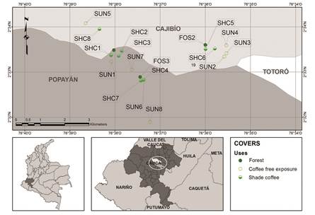 Study area in the department of Cauca, Southwestern Colombia.