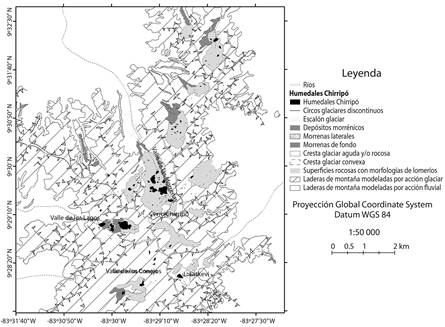 Geomorfología glaciar de la región de mayor densidad de humedales del PNCh. Fig. 2. Glacial geomorphology of the major density region of wetlands of the PNCh