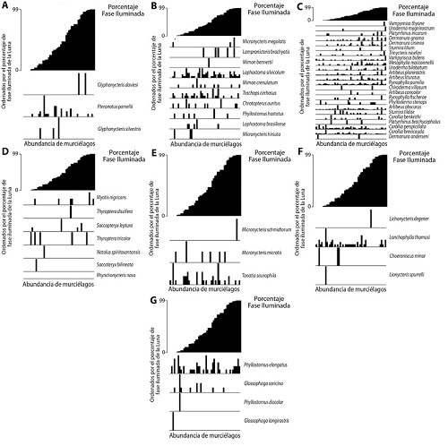 Gr&aacute;fico compuesto cuyas especies est&aacute;n ordenadas de acuerdo con el porcentaje de fase iluminada de la Luna. A. Insect&iacute;voros a&eacute;reos de espacio altamente cerrado, B. Carn&iacute;voros de espacio altamente cerrado, C. Frug&iacute;voros a&eacute;reos de espacio altamente cerrado, D. Insect&iacute;voros a&eacute;reos de espacio cerrado, E. Insect&iacute;voros de presas posadas en espacio altamente cerrado, F. Nectar&iacute;voros de espacio altamente cerrado, G. Omn&iacute;voros. 