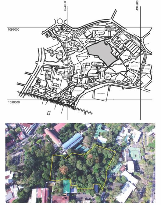 a) administrative map of the Ciudad Universitaria Rodrigo Facio with the RELO (gray area). b) aerial view of the reserve enclosed in a yellow line (picture: Victor Madrigal).