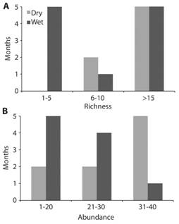 a) Species richness and b) abundance of skipper butterflies by months, according to rain or dry seasons.