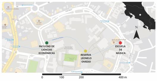 Mapa del campus Universitario Rodrigo Facio con los tres sitios utilizados para grabar la actividad vocal de la rana de vidrio Hyalinobatrachium fleischmanni y medir los niveles de ruido. En la esquina superior derecha se observa el mapa de Costa Rica.