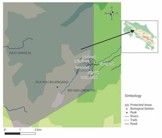 Trail system of Reserva San Ram&oacute;n, including our surveyed trails: Sendero Catarata, Sendero Terciopelo, Sendero Heliconia and Sendero Sa&iacute;no in San Lorencito River Station.
