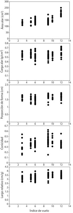 Correlaciones de rangos de Spearman entre el &iacute;ndice de vuelo (ver m&eacute;todos para una explicaci&oacute;n de su estimaci&oacute;n) para cada especie de paloma y las cinco variables morfom&eacute;tricas alares. Valores bajos representan poca capacidad de vuelo, habitar vegetaci&oacute;n densa y cerca del suelo. Valores altos representan alta capacidad de vuelo, vivir en h&aacute;bitats abiertos y en el dosel. Valores para cada especie: Geotrygon montana = 3, Leptotila cassini = 5, L. verreauxi = 6, Zenaida asiatica = 9, Patagioenas nigrirostris = 10, P. flavirostris = 12.
