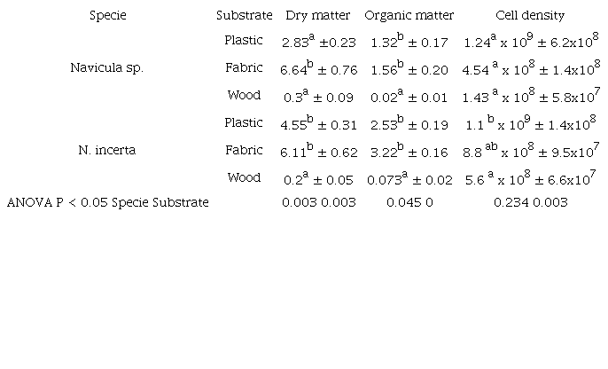 Dry and organic matter (g/m2), and cellular density (cells/m2) of the biofilms formed by Navicula sp. and N. incerta (in plastic, fabric and wood substrates)