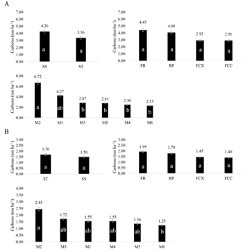 Carbono en ton ha-1 de acuerdo a los sistemas, relieves y muestreos para los compartimentos (A) colch&oacute;n vivo (B) colch&oacute;n muerto. 