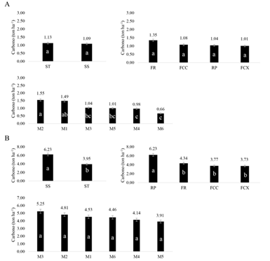 Carbono a 20 cm de profundidad del suelo en ton ha-1 de acuerdo a los sistemas, relieves y muestreos. (A) ra&iacute;ces finas (B) ra&iacute;ces gruesas.