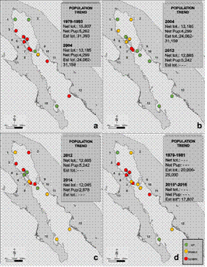 Spatio-temporal trends variations of California sea lion rookeries in the Gulf of California during different time frames: A. 1979-1993 (Aurioles-Gamboa & Zavala-Gonz&aacute;lez 1994) and 2004 (Szteren et al. 2006); B. 2004 and 2012 (Aurioles-Gamboa & Gallo-Reynoso 2012); C. 2012 and 2014 (Gallo-Reynoso et al. 2014); D. 1979-81(Aurioles-Gamboa 1988 and Zavala-Gonz&aacute;lez1990) and 2015 -2016 (Gallo-Reynoso et al. 2015 and Pelayo-Gonz&aacute;lez 2018). See Fig. 1 for location name codes. NET TOT AND PUP: Net value of total number of individuals and pups. EST TOT: total population adjusted value. GREEN DOT: population number increase, YELLOW DOT: stable number and RED DOT: number decrease. 