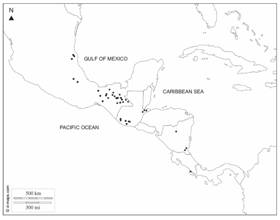 Distribution of Oecopetalum greenmanii (◌) and O. mexicanum (●).