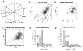 Comparaci&oacute;n de nicho ecol&oacute;gico de S. l. var. cerasiforme entre el centro de origen y el &aacute;rea de domesticaci&oacute;n. En A se presenta la contribuci&oacute;n de cada una de las variables para los primeros dos componentes principales (PC). En B, C y D se presenta la amplitud ambiental de cada regi&oacute;n (en t&eacute;rminos de los dos primeros componentes). La l&iacute;nea continua de los pol&iacute;gonos representa el 100 % de cada la regi&oacute;n, mientras que la l&iacute;nea punteada el 50 %. En B y C, el sombreado en gris representa la densidad de las ocurrencias en cada regi&oacute;n (en negro la densidad m&aacute;s alta). En D se presenta la amplitud ambiental de ambas regiones y su correspondiente superposici&oacute;n (en gris). En E se representa la prueba de equivalencia y en F la de similitud de nichos; las barras representan los modelos nulos mientras que el valor observado (D = 0.003) est&aacute; representado por una flecha. En ambos casos, el &iacute;ndice de similitud va de 0 a 1, donde 0 es m&aacute;s diferente y 1 es m&aacute;s similar.