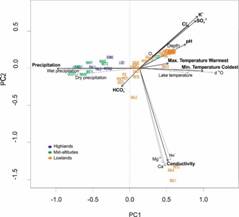 Principal Component Analysis (PCA) using limnological and regional environmental variables. The figure shows site ordination based on 13 limnological variables (water lake temperature, dissolved oxygen, pH, conductivity, water depth, δ18O, Ca+2, K+, Mg+2, Na+, SO4-2, Cl-, HCO3-) and 5 regional environmental variables (maximum air temperature of the warmest month, minimum air temperature of the coldest month, annual precipitation, precipitation of the wettest quarter, precipitation of the driest quarter) extracted from the climate data base WorldClim. Arrows and names in black represent the most significant environmental variables identified for further analysis. For species IDs and full names see Table 3.