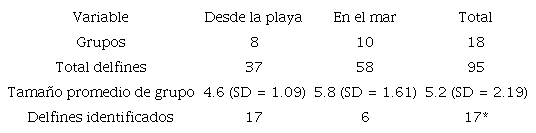Grupos, número de animales e individuos identificados durante los encuentros de oportunidad desde la playa y en bote. Período 2005-2015