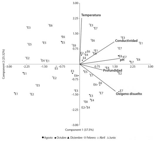 Análisis de componentes principales (ACP) para las variables ambientales en ocho estaciones de muestreo del humedal costero Santa Rosa (Lima, Perú) de agosto 2015 a junio 2016.