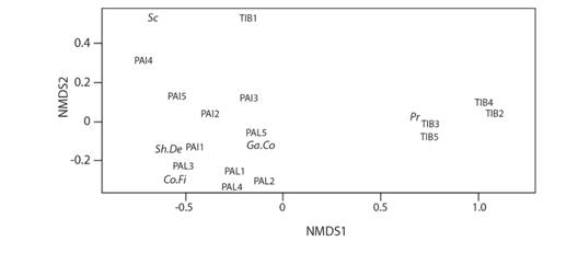 First and second NMDS axes based on Bray-Curtis dissimilarity distances between feeding group abundances in 15 streams of three landscapes in South Brazilian grasslands. PAI = Painel, PAL = Palmas, TIB = Tibagi. Feeding groups are Co.Fi = collectors/filterers, Ga.Co = gatherers/collectors, Sc = scrapers, Sh.De = shredders/detritivores, Pr = predators. Stress of NMDS = 0.059.
