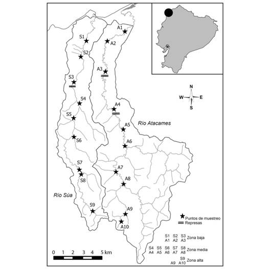 &Aacute;rea de estudio con localidades de muestreo, separaci&oacute;n por zonas de estudio y presencia de represas